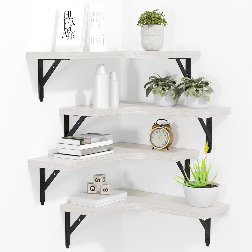 ROMGUAR CRAFT Corner Floating Shelves Wall Mounted Set of 4, Rustic Wood Storage Display Shelves for Home Decor, Bathroom, Kitchen, Bedroom, Living Room, Office (Black)