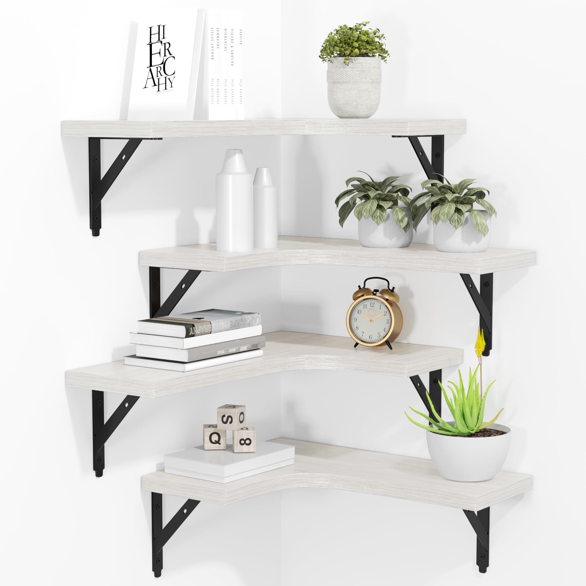 ROMGUAR CRAFT Corner Floating Shelves Wall Mounted Set of 4, Rustic Wood Storage Display Shelves for Home Decor, Bathroom, Kitchen, Bedroom, Living Room, Office (Black)