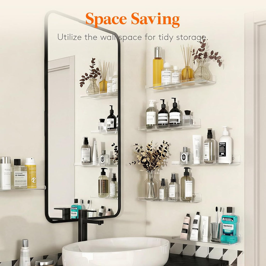 Lifewit Floating Shelves for Bathroom, Acrylic Display Shelf Wall Mounted for Makeup, Skincare, Nail Polish, Book, 14" Perfume Organizer for Bedroom, Living Room, Nursery, Home Decor, Clear, 4 Pack