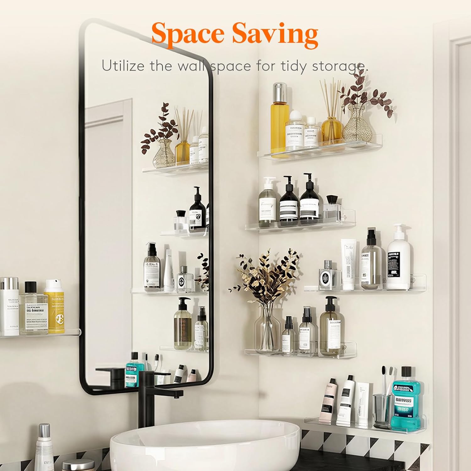 Lifewit Floating Shelves for Bathroom, Acrylic Display Shelf Wall Mounted for Makeup, Skincare, Nail Polish, Book, 14" Perfume Organizer for Bedroom, Living Room, Nursery, Home Decor, Clear, 4 Pack