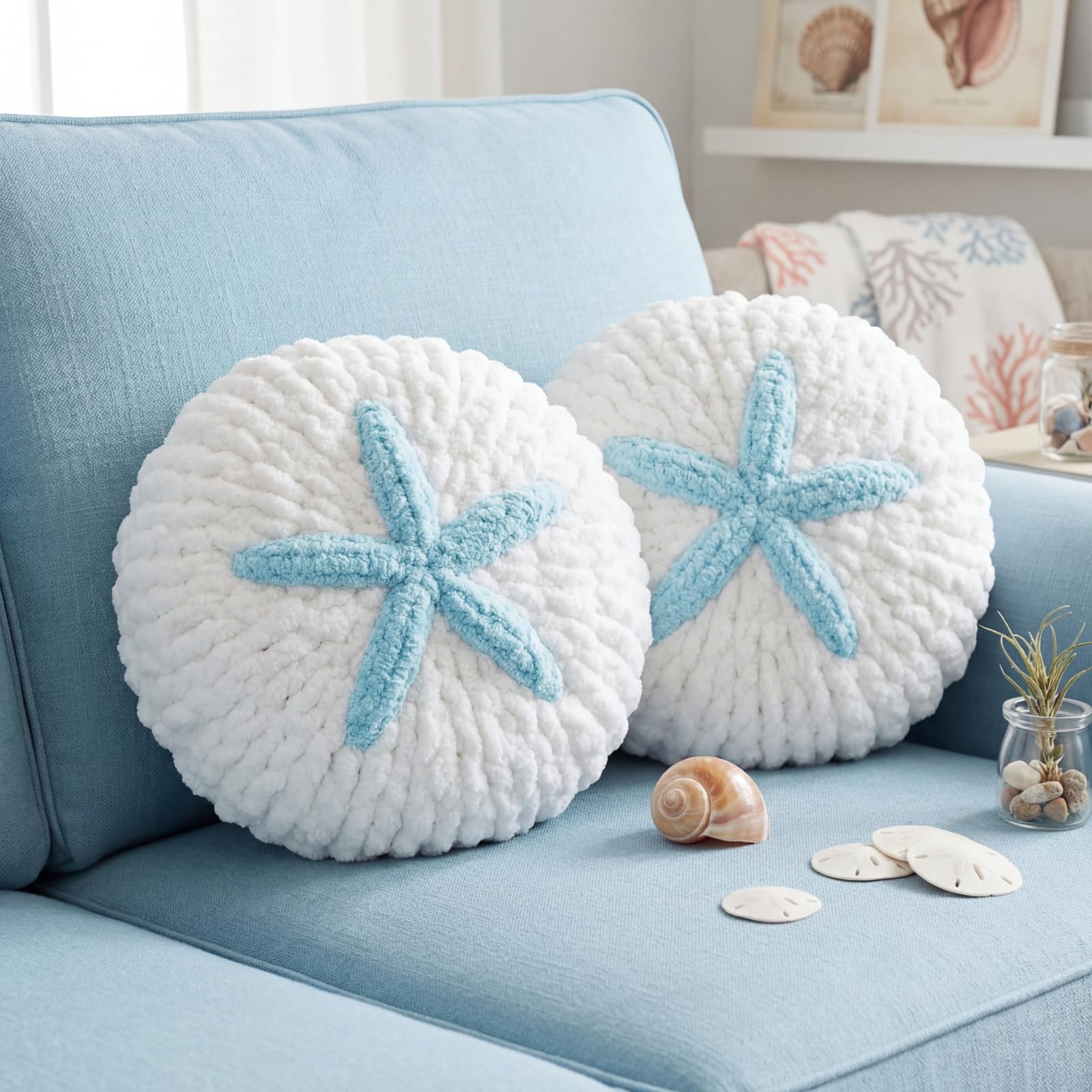 Breling 2 Pack Light Brown Hand Crochet Sand Dollar Knit Throw Pillows, Coastal Nautical Decor Cushions for Couch Beach Nursery