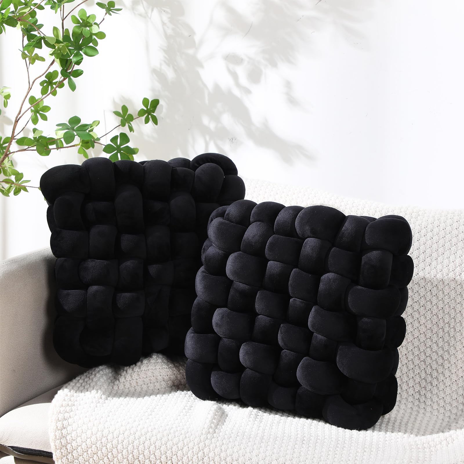 Wenqik 2 Pcs Knot Pillows Square Knotted Plush Throws Soft Accent Pillows Decoration Cushion for Couch Home Office Living Room Bedroom Bed Sofa Decor, 12'' x 13''(Ivory,Crystal Velvet)