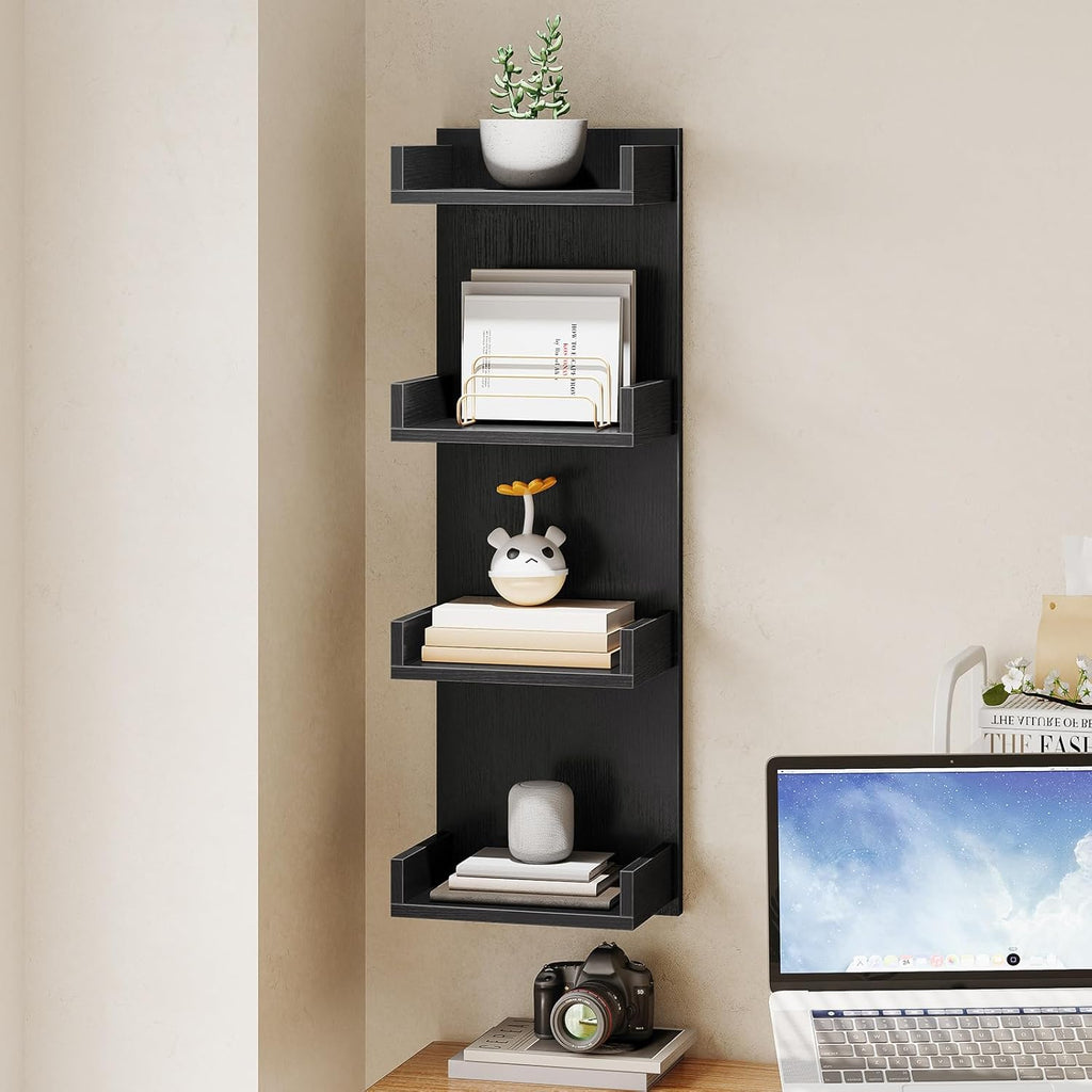 HOOBRO Floating Wall Shelves with LED Lights, Floating Shelf Wall Mounted for Storage, Vertical Display Stand, Modern Column Rack, for Bedroom, Livingroom, 4-Tier, 35.8 Inches, Black, BK41DBJ01