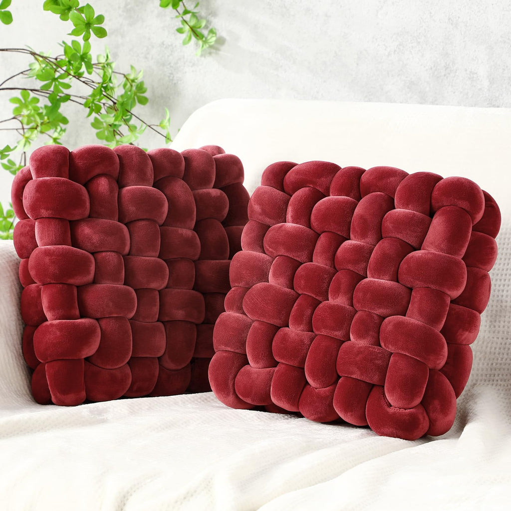 Wenqik 2 Pcs Knot Pillows Square Knotted Plush Throws Soft Accent Pillows Decoration Cushion for Couch Home Office Living Room Bedroom Bed Sofa Decor, 12'' x 13''(Ivory,Crystal Velvet)