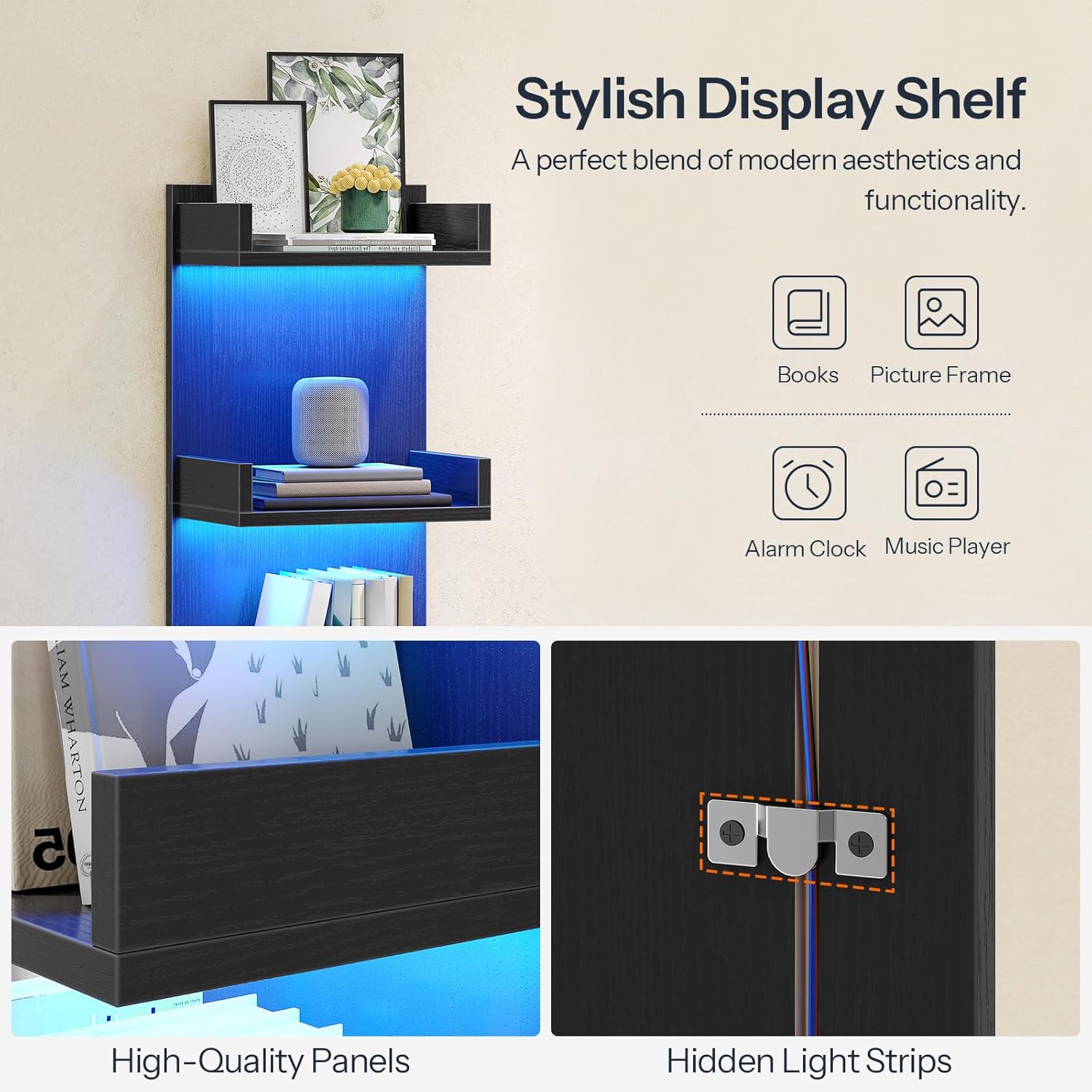 HOOBRO Floating Wall Shelves with LED Lights, Floating Shelf Wall Mounted for Storage, Vertical Display Stand, Modern Column Rack, for Bedroom, Livingroom, 4-Tier, 35.8 Inches, Black, BK41DBJ01