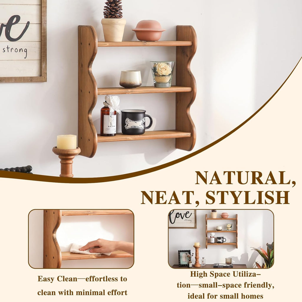 3 Tier 100% Solid Wood Floating Wall Shelves, Rustic Farmhouse Wall Mount Storage Display Rack for Living Room Bedroom Apartment