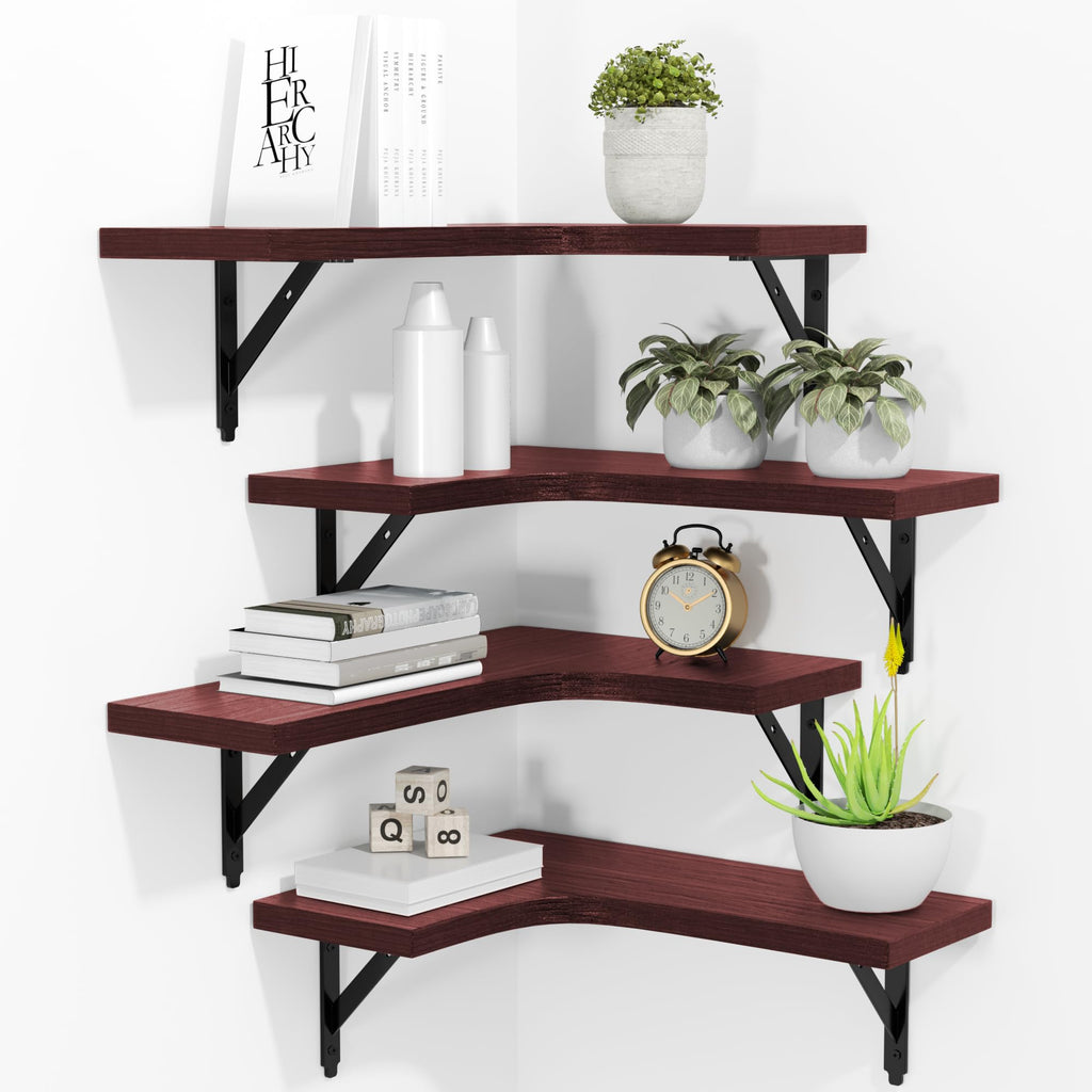 ROMGUAR CRAFT Corner Floating Shelves Wall Mounted Set of 4, Rustic Wood Storage Display Shelves for Home Decor, Bathroom, Kitchen, Bedroom, Living Room, Office (Black)