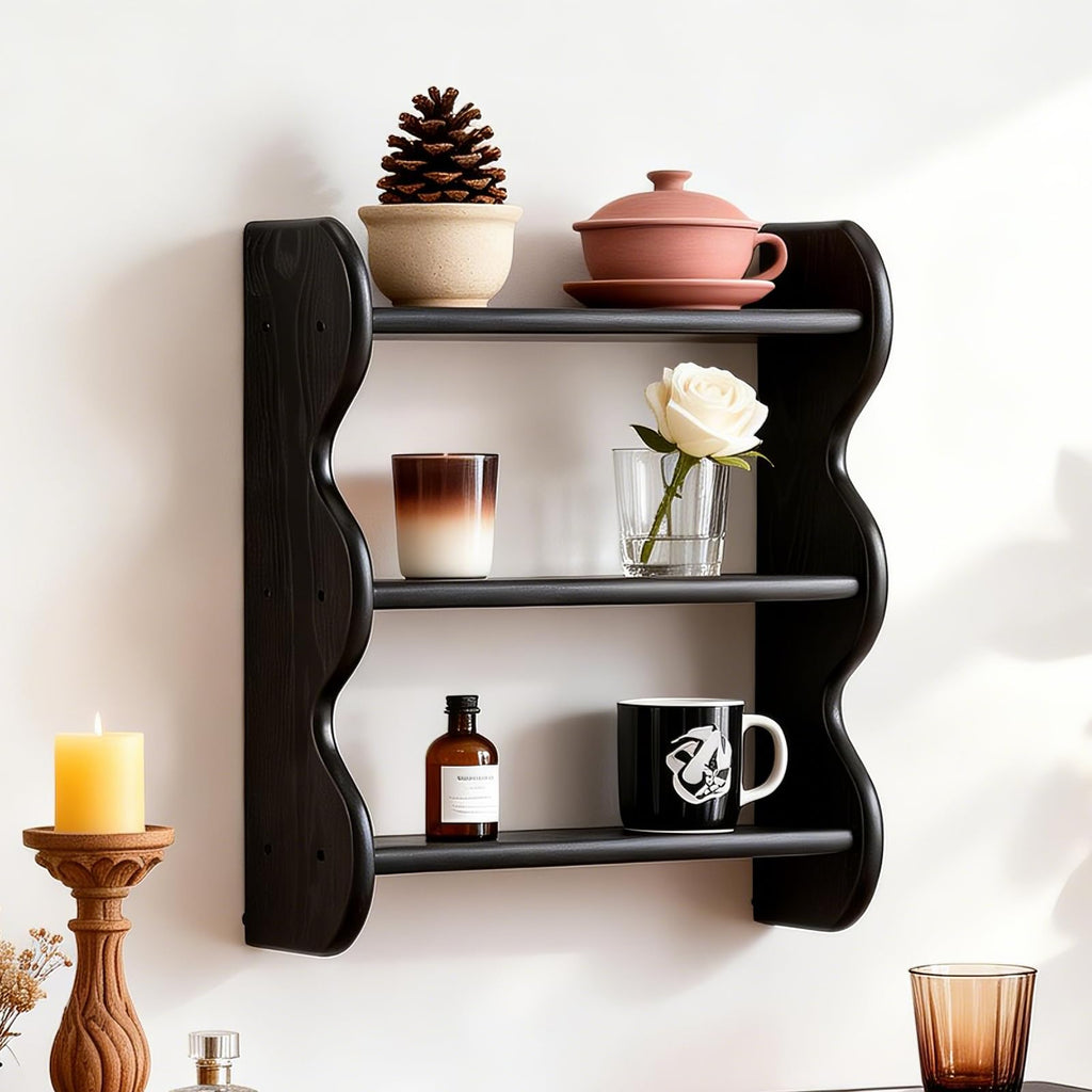 3 Tier 100% Solid Wood Floating Wall Shelves, Rustic Farmhouse Wall Mount Storage Display Rack for Living Room Bedroom Apartment