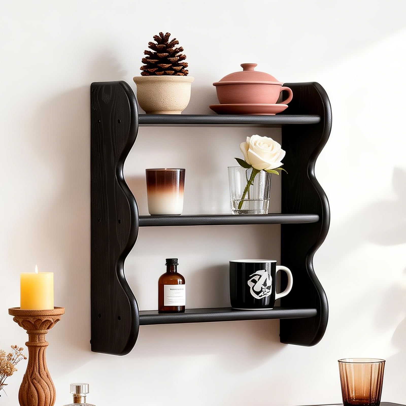 3 Tier 100% Solid Wood Floating Wall Shelves, Rustic Farmhouse Wall Mount Storage Display Rack for Living Room Bedroom Apartment