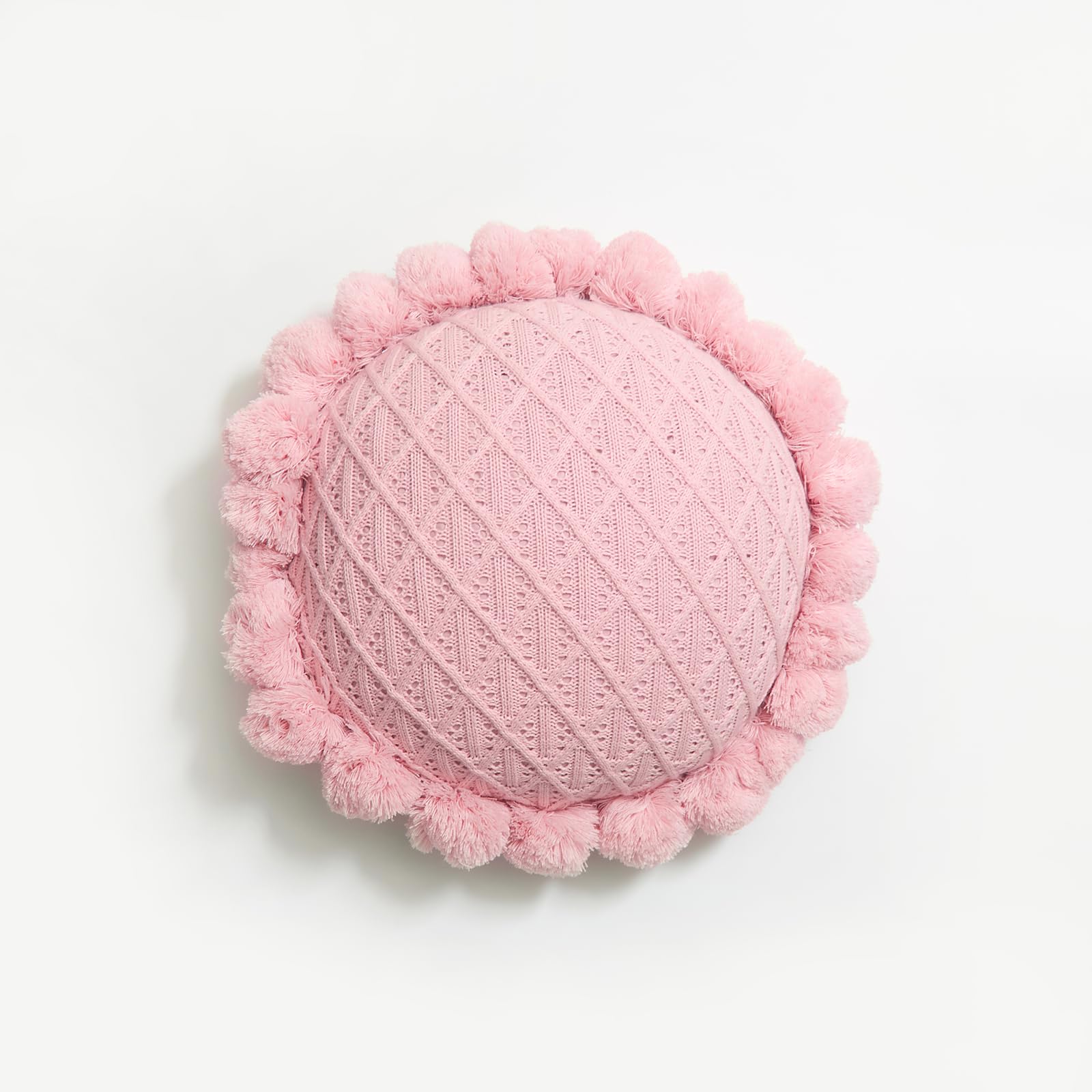 Boho Round Throw Pillow with Cute Handmade Pom Poms Tassels 18 Inch, Decorative Circular Knitted Crochet Cushion for Couch, Sofa, Chair, Bed, Beige