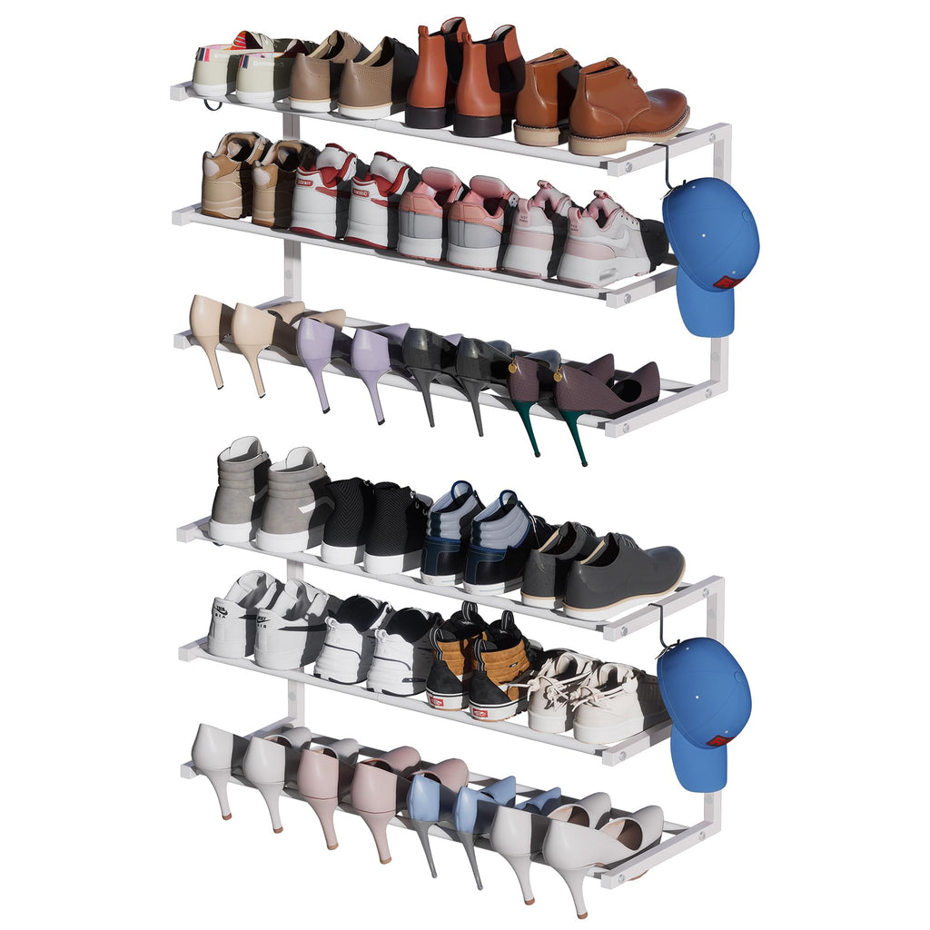 2 Pack Wall Mounted Shoe Rack, 3 Tier Hanging Shoe Rack Holds 24 Pairs, 17"-30"Adjustable Heavy Duty Shoe Organizer Holder with 4 Storage Hooks, Space Saving for Closet Entryway, Black, Patent Pending