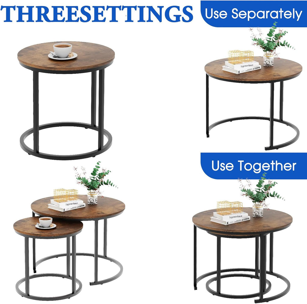 2 Pack Nesting Round Coffee Tables, Rustic Brown Side End Tables with Solid Metal Frame for Living Room Bedroom Apartment Industrial Nightstand