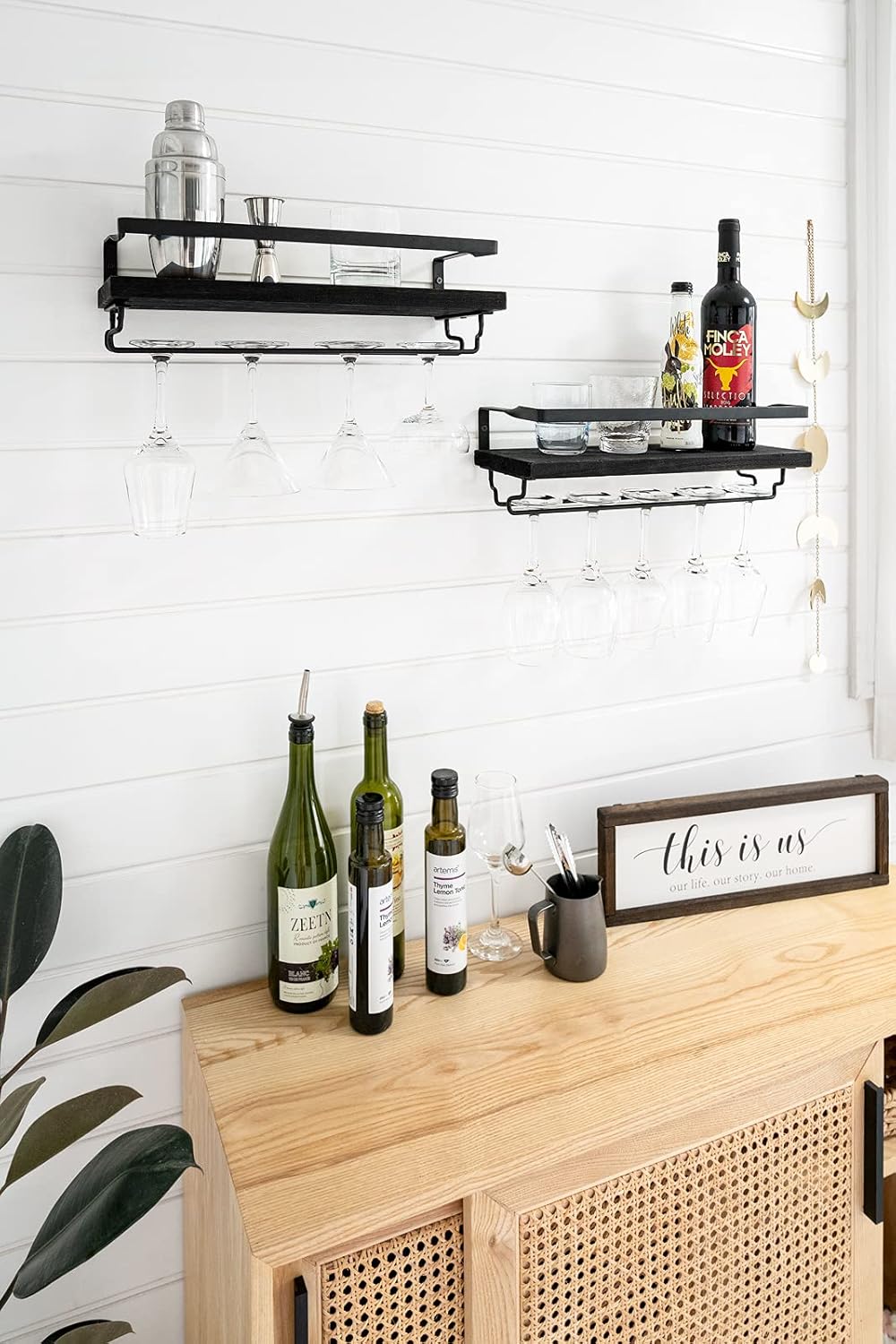 Mkono Wall Mounted Wine Rack Set of 2 Wood Shelf Rustic Wine Bottle Glass Floating Shelves with Stemware Hanger Modern Plants Photos Wine Display Storage Holder for Kitchen Dining Room Bar, Black