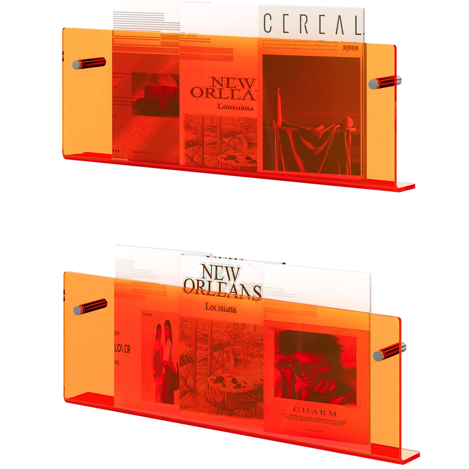 Acrylic Magazine Holder, 2 Pack Hanging Bookshelf Magazine Rack, Wall Mounted Floating Brochure Display for Waiting Room, Office, Home (Clear, 17 Inch)