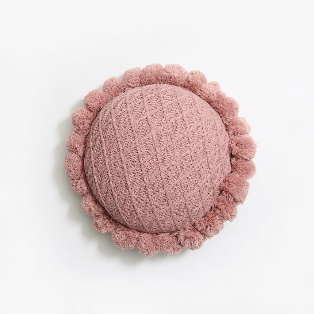 Boho Round Throw Pillow with Cute Handmade Pom Poms Tassels 18 Inch, Decorative Circular Knitted Crochet Cushion for Couch, Sofa, Chair, Bed, Beige