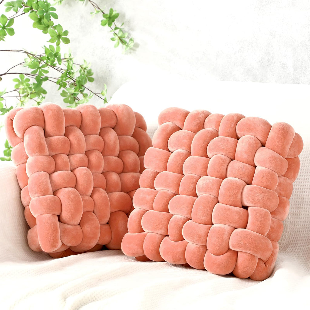 Wenqik 2 Pcs Knot Pillows Square Knotted Plush Throws Soft Accent Pillows Decoration Cushion for Couch Home Office Living Room Bedroom Bed Sofa Decor, 12'' x 13''(Ivory,Crystal Velvet)