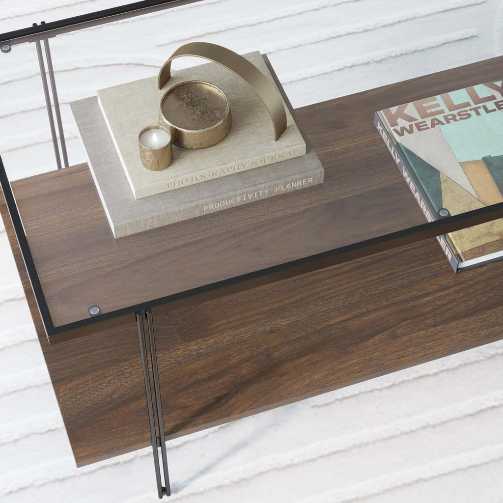 Nathan James Asher Mid-Century Rectangle Coffee Table Glass Top and Wood Finish Storage Shelf with Metal Legs, Walnut/Black