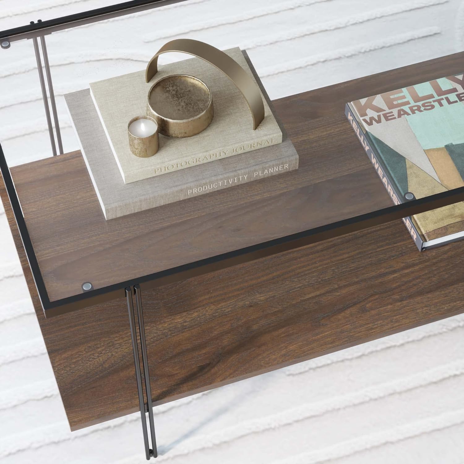 Nathan James Asher Mid-Century Rectangle Coffee Table Glass Top and Wood Finish Storage Shelf with Metal Legs, Walnut/Black