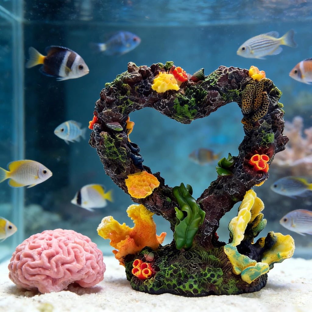 Heart Shaped Resin Coral Aquarium Ornament, Freshwater Saltwater Fish Tank Hideout for Small Fish Shrimp Aquascaping