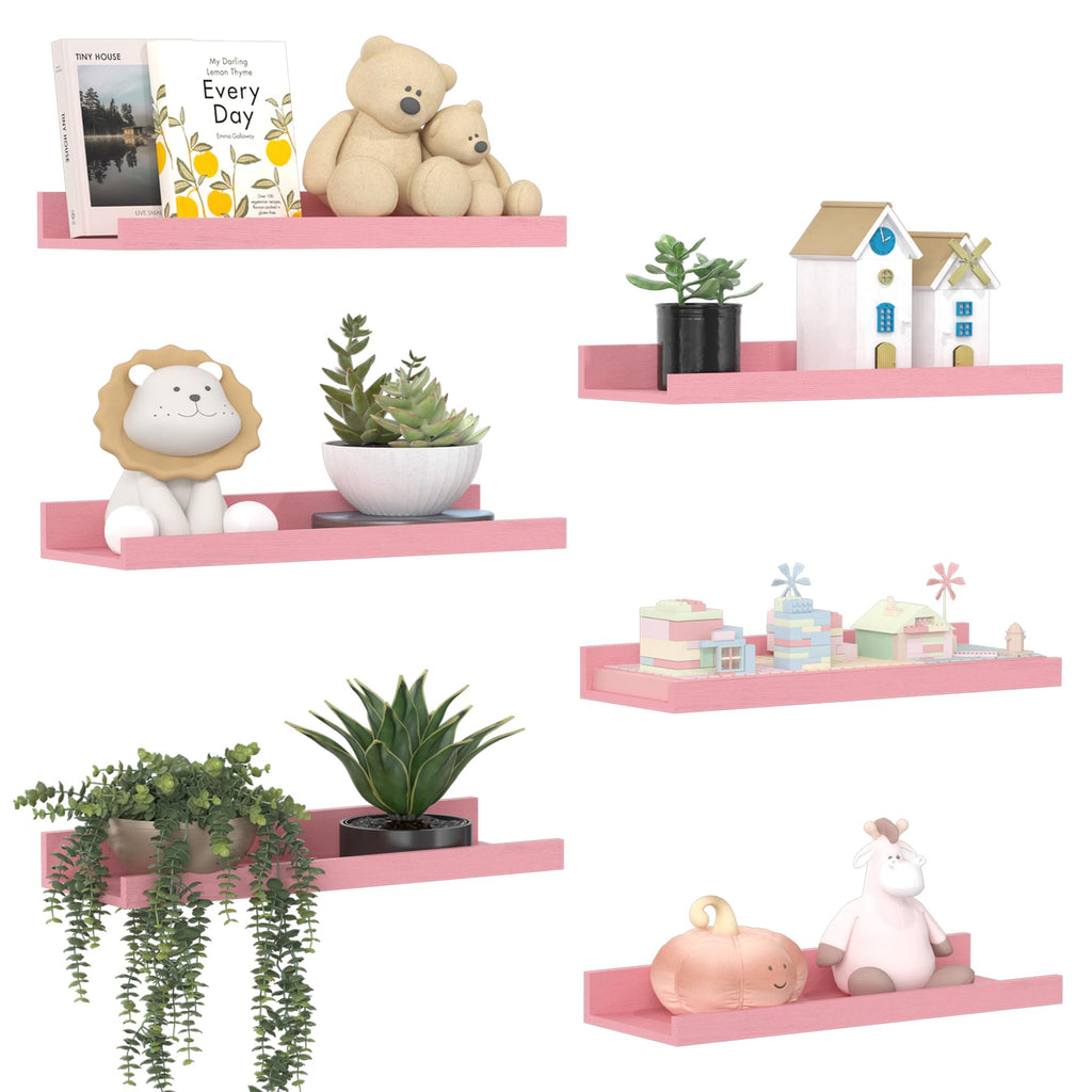 upsimples 6 Pack Wooden Floating Shelves, Wall Storage Decor Shelf for Bathroom, Bedroom, Living Room, Kitchen, Office and Laundry Room, Wall Mounted Display Hanging Shelf, Brown