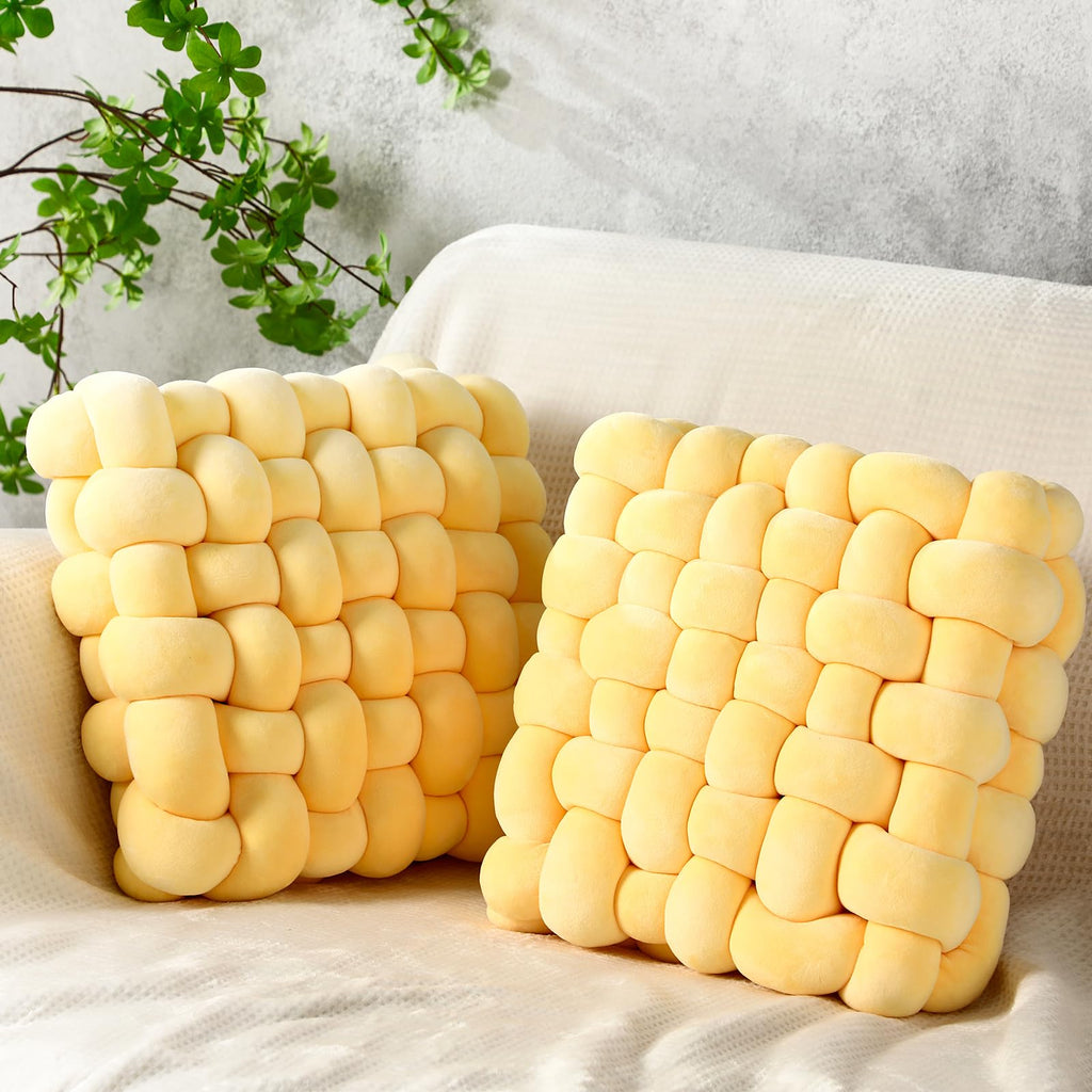 Wenqik 2 Pcs Knot Pillows Square Knotted Plush Throws Soft Accent Pillows Decoration Cushion for Couch Home Office Living Room Bedroom Bed Sofa Decor, 12'' x 13''(Ivory,Crystal Velvet)