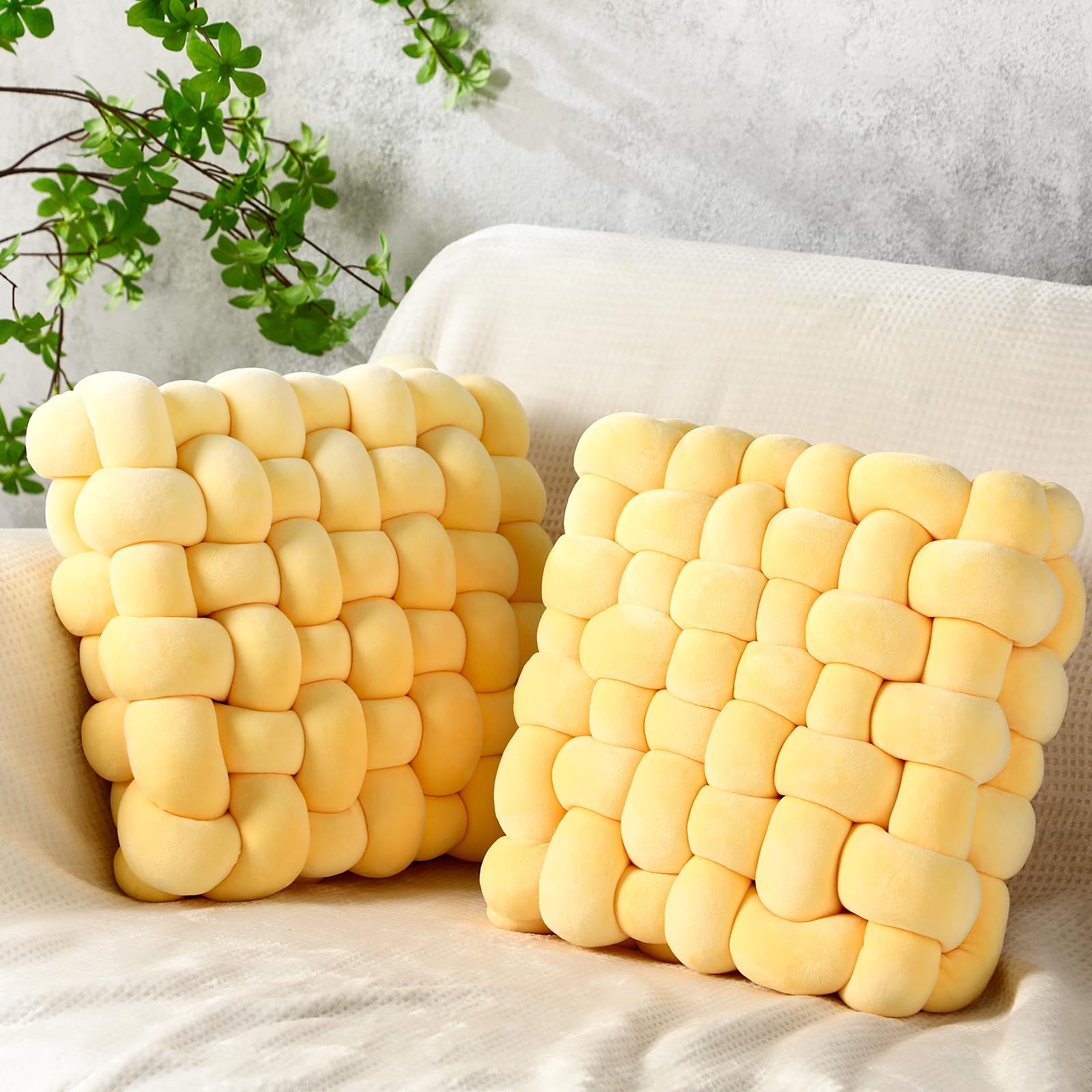 Wenqik 2 Pcs Knot Pillows Square Knotted Plush Throws Soft Accent Pillows Decoration Cushion for Couch Home Office Living Room Bedroom Bed Sofa Decor, 12'' x 13''(Ivory,Crystal Velvet)