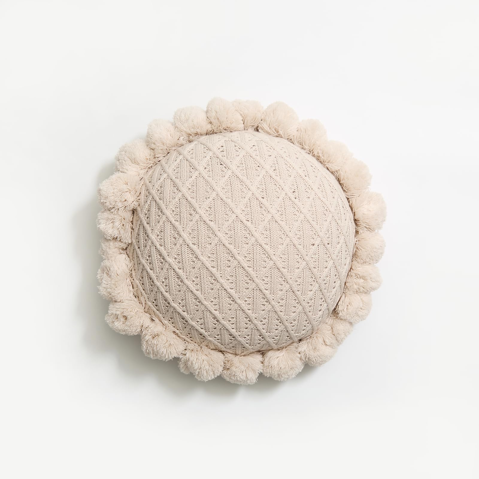 Boho Round Throw Pillow with Cute Handmade Pom Poms Tassels 18 Inch, Decorative Circular Knitted Crochet Cushion for Couch, Sofa, Chair, Bed, Beige