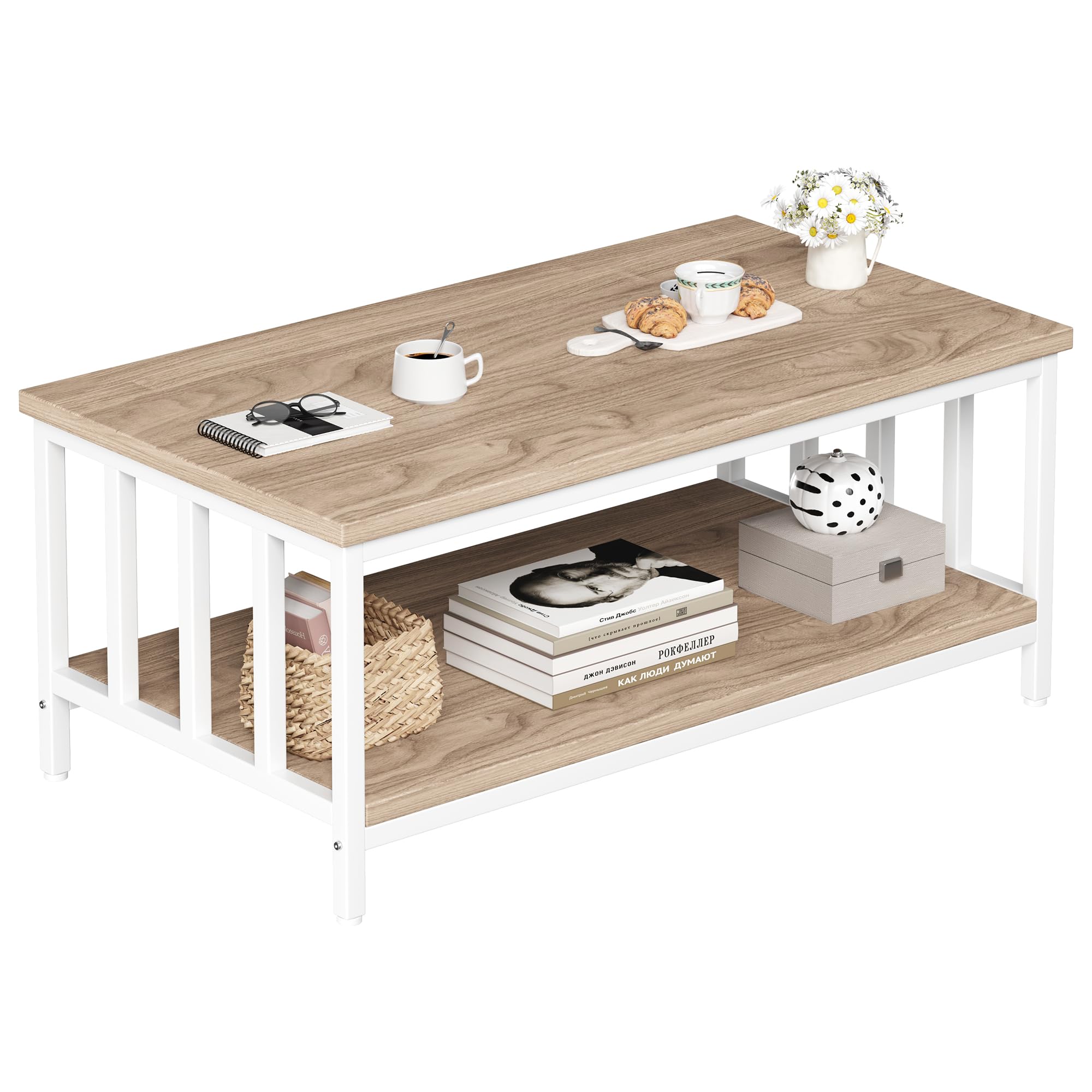 Homeiju Coffee Table for Living Room with Slatted Sides Frame, Modern Farmhouse Living Room Table with 2-Tier Storage Shelf for Home Office, Apartment, Grey Wash, 39 inch