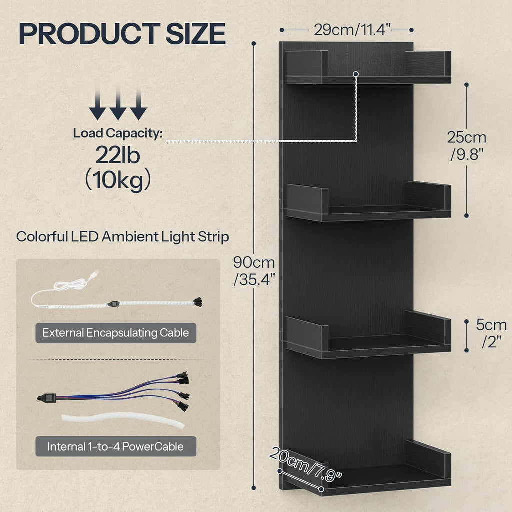 HOOBRO Floating Wall Shelves with LED Lights, Floating Shelf Wall Mounted for Storage, Vertical Display Stand, Modern Column Rack, for Bedroom, Livingroom, 4-Tier, 35.8 Inches, Black, BK41DBJ01