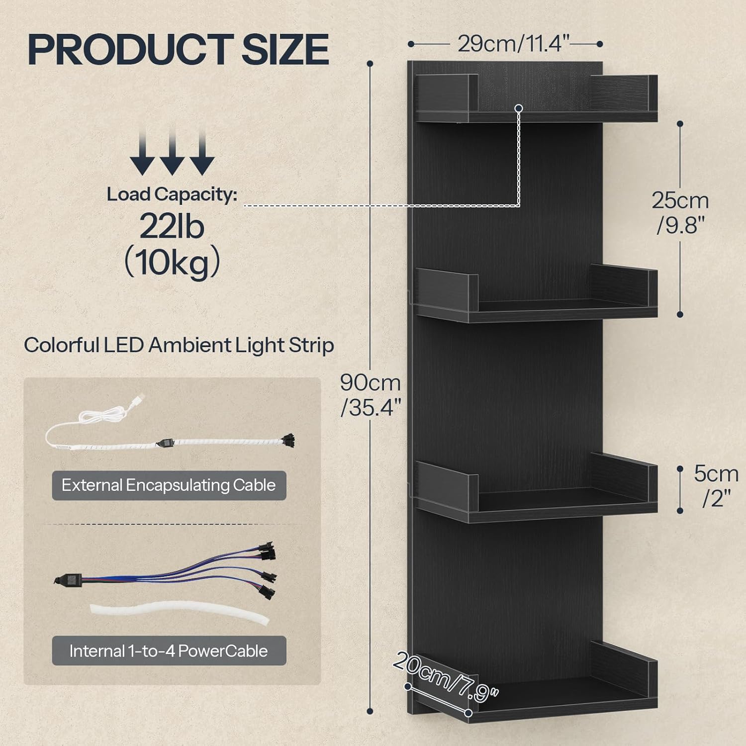 HOOBRO Floating Wall Shelves with LED Lights, Floating Shelf Wall Mounted for Storage, Vertical Display Stand, Modern Column Rack, for Bedroom, Livingroom, 4-Tier, 35.8 Inches, Black, BK41DBJ01