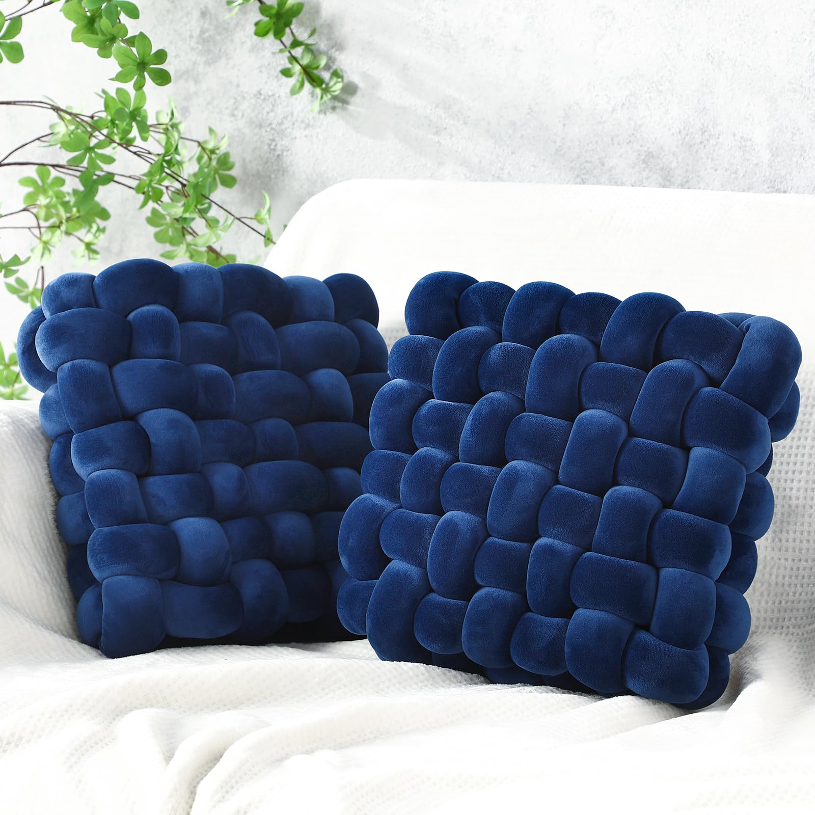 Wenqik 2 Pcs Knot Pillows Square Knotted Plush Throws Soft Accent Pillows Decoration Cushion for Couch Home Office Living Room Bedroom Bed Sofa Decor, 12'' x 13''(Ivory,Crystal Velvet)