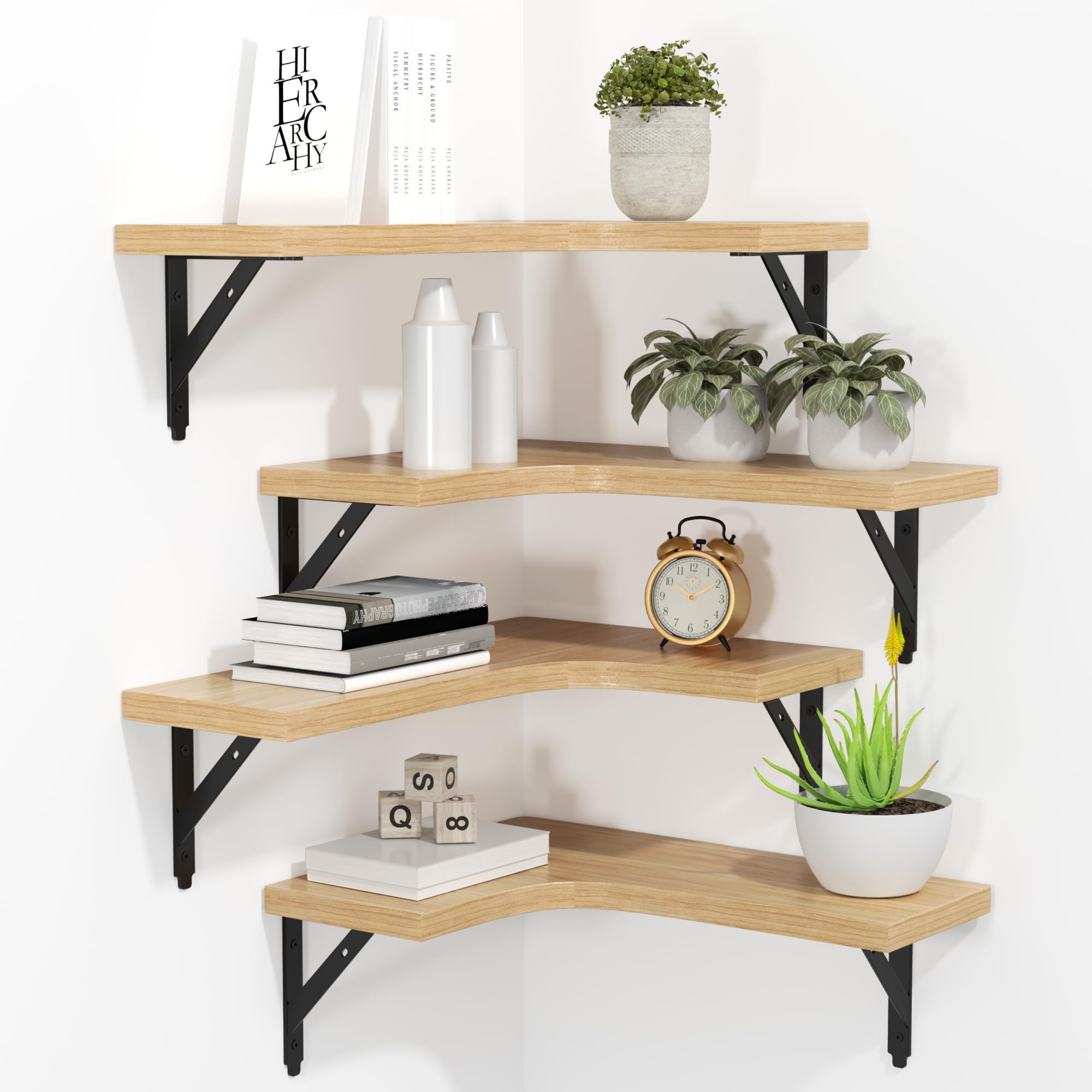 ROMGUAR CRAFT Corner Floating Shelves Wall Mounted Set of 4, Rustic Wood Storage Display Shelves for Home Decor, Bathroom, Kitchen, Bedroom, Living Room, Office (Black)