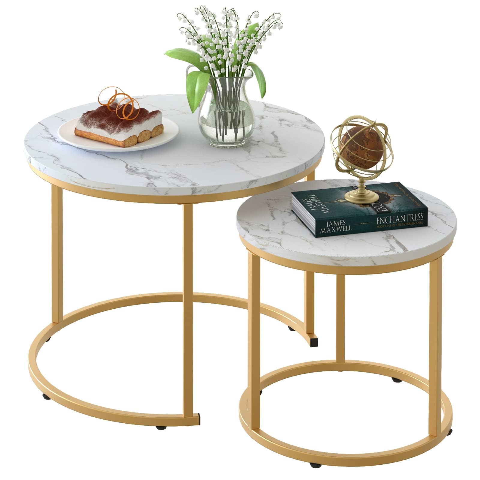 2 Pack Nesting Round Coffee Tables, Rustic Brown Side End Tables with Solid Metal Frame for Living Room Bedroom Apartment Industrial Nightstand