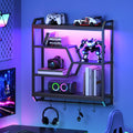 HOOBRO 27.5" Floating Shelf with LED Lights, Gaming LED Wall Mounted Shelf with Hanging Rod & 4 S-Hooks, 4-Tier Hanging Display Rack, for Living Room, Gaming Room, Rustic Brown and Black BF71DBJ01