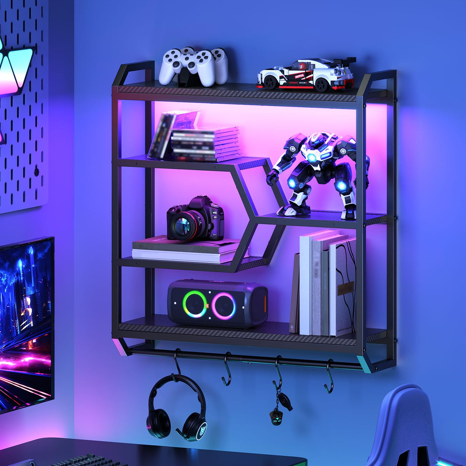 HOOBRO 27.5" Floating Shelf with LED Lights, Gaming LED Wall Mounted Shelf with Hanging Rod & 4 S-Hooks, 4-Tier Hanging Display Rack, for Living Room, Gaming Room, Rustic Brown and Black BF71DBJ01
