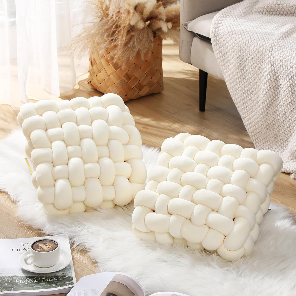 Wenqik 2 Pcs Knot Pillows Square Knotted Plush Throws Soft Accent Pillows Decoration Cushion for Couch Home Office Living Room Bedroom Bed Sofa Decor, 12'' x 13''(Ivory,Crystal Velvet)