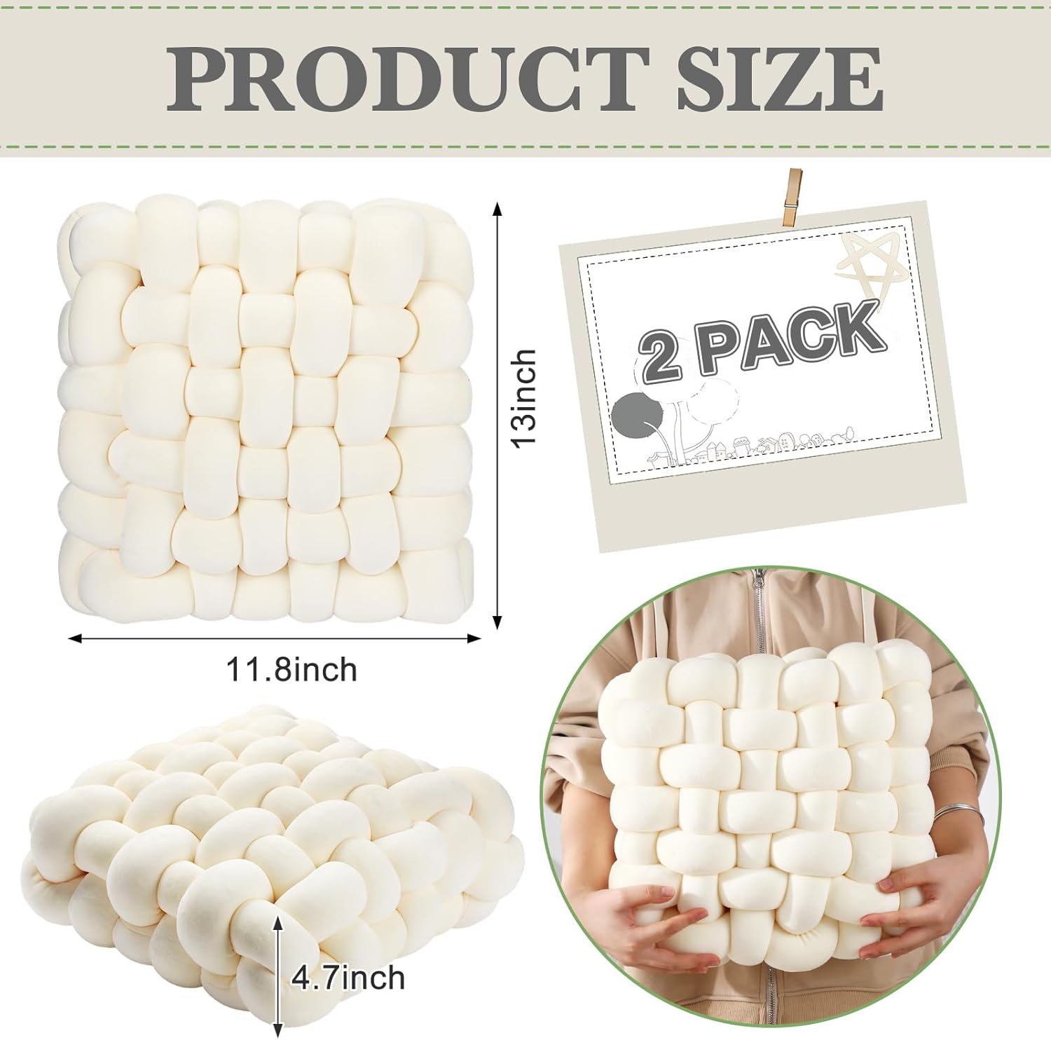 Wenqik 2 Pcs Knot Pillows Square Knotted Plush Throws Soft Accent Pillows Decoration Cushion for Couch Home Office Living Room Bedroom Bed Sofa Decor, 12'' x 13''(Ivory,Crystal Velvet)