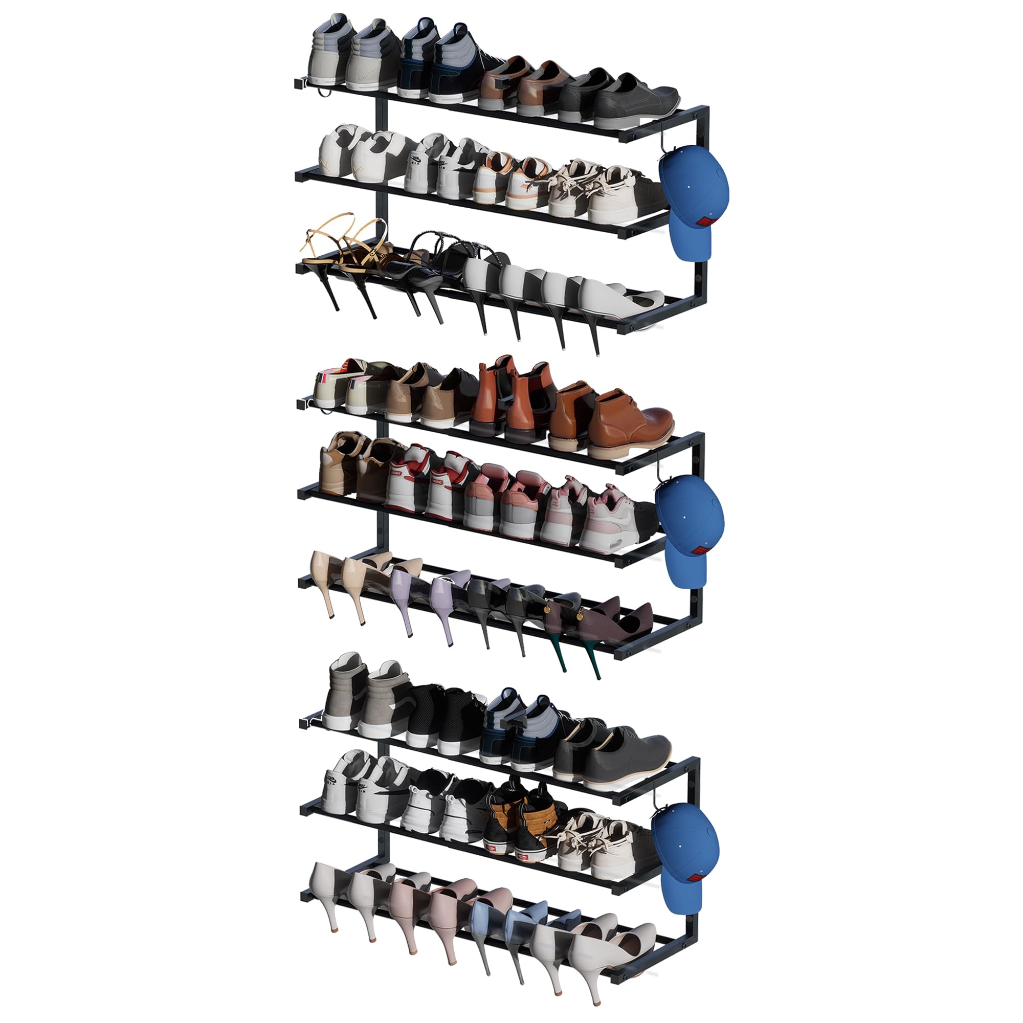 2 Pack Wall Mounted Shoe Rack, 3 Tier Hanging Shoe Rack Holds 24 Pairs, 17"-30"Adjustable Heavy Duty Shoe Organizer Holder with 4 Storage Hooks, Space Saving for Closet Entryway, Black, Patent Pending