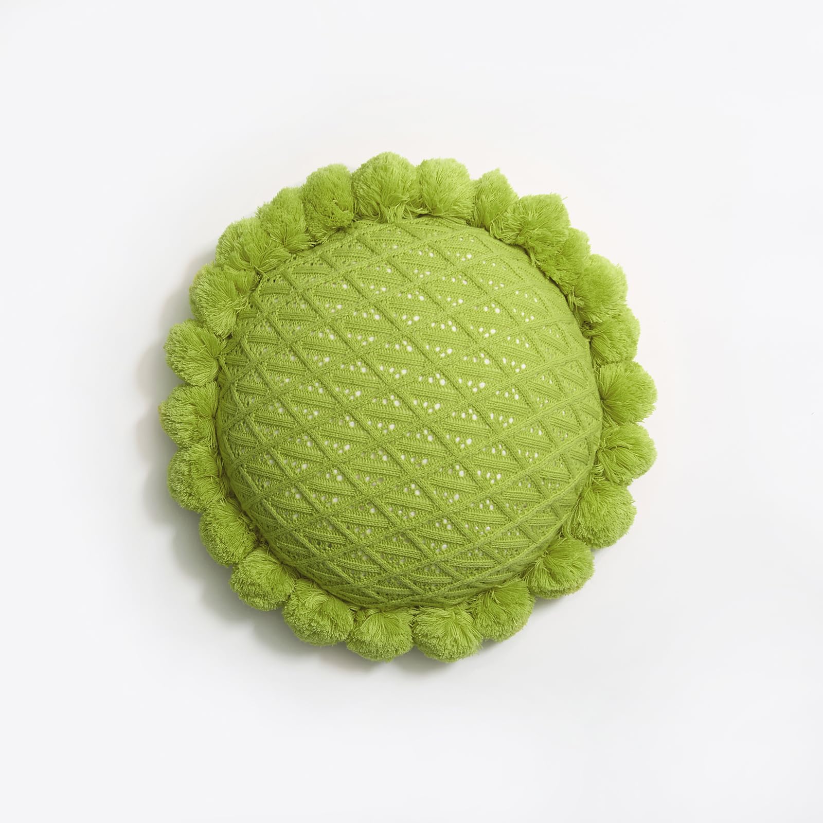 Boho Round Throw Pillow with Cute Handmade Pom Poms Tassels 18 Inch, Decorative Circular Knitted Crochet Cushion for Couch, Sofa, Chair, Bed, Beige