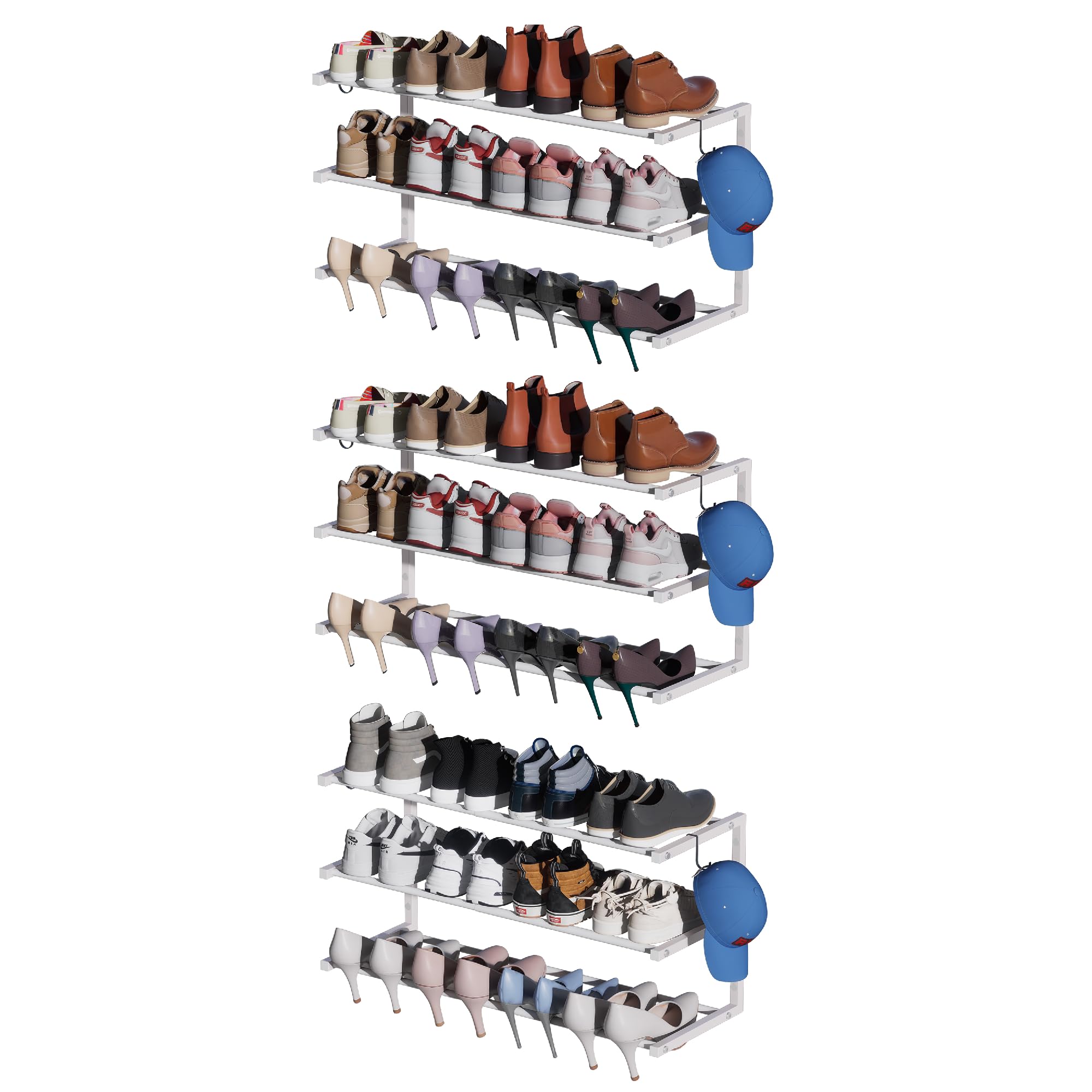 2 Pack Wall Mounted Shoe Rack, 3 Tier Hanging Shoe Rack Holds 24 Pairs, 17"-30"Adjustable Heavy Duty Shoe Organizer Holder with 4 Storage Hooks, Space Saving for Closet Entryway, Black, Patent Pending