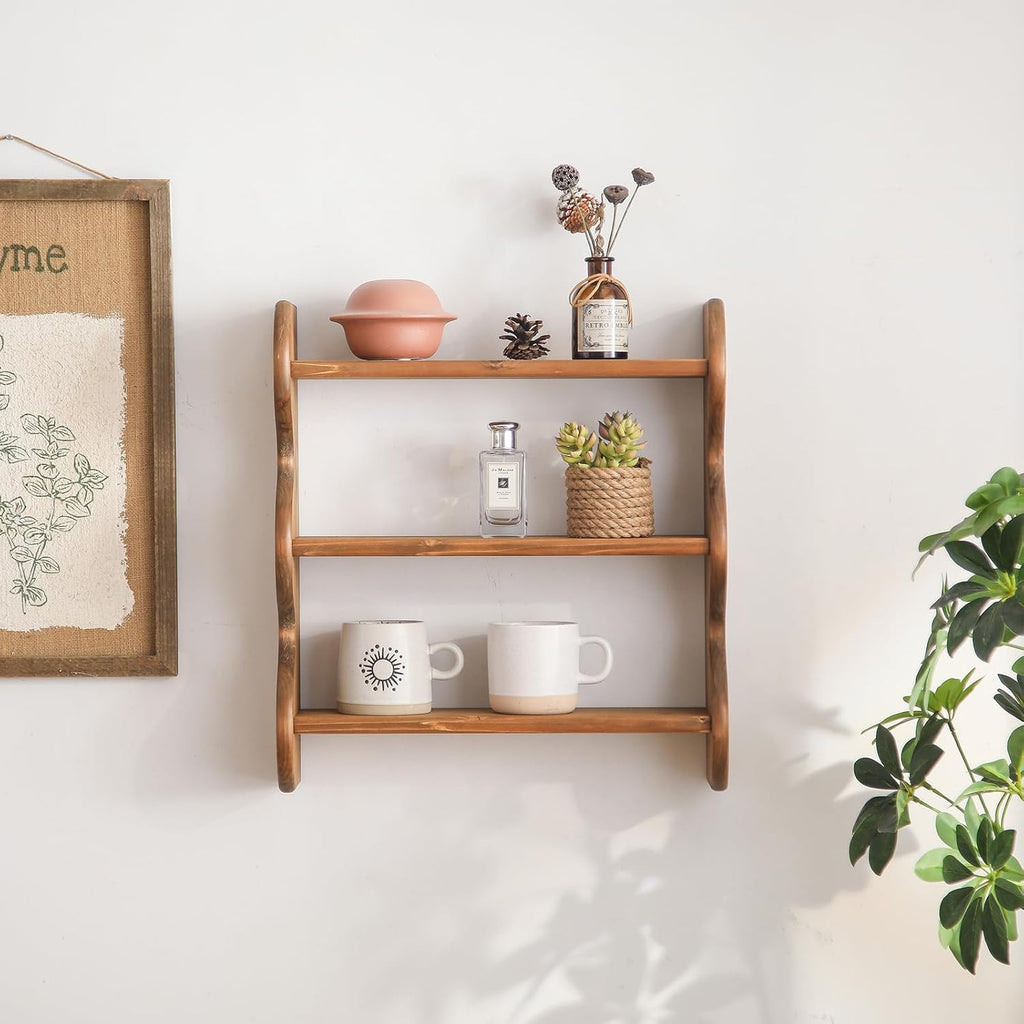 3 Tier 100% Solid Wood Floating Wall Shelves, Rustic Farmhouse Wall Mount Storage Display Rack for Living Room Bedroom Apartment