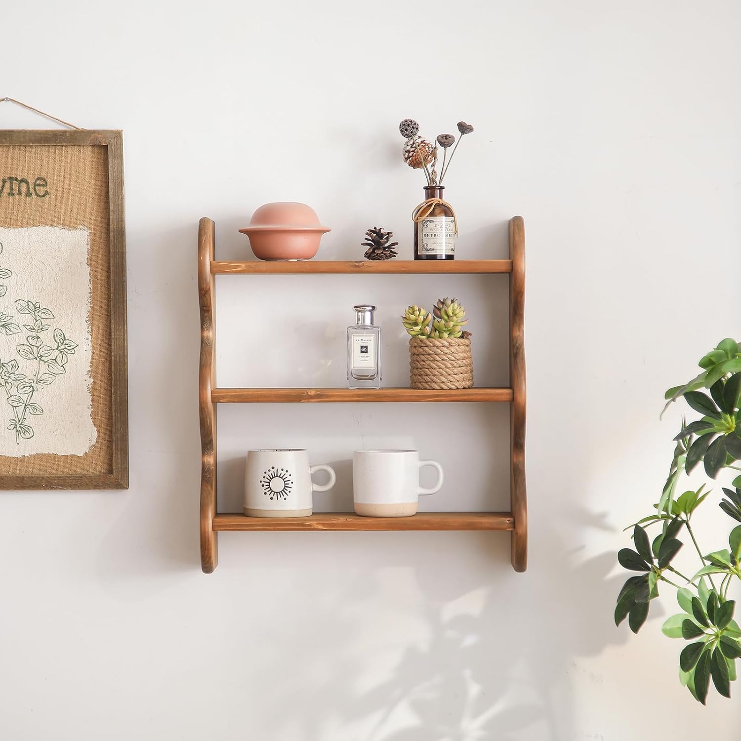 3 Tier 100% Solid Wood Floating Wall Shelves, Rustic Farmhouse Wall Mount Storage Display Rack for Living Room Bedroom Apartment