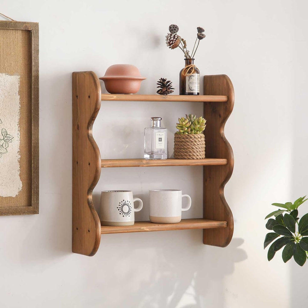 3 Tier 100% Solid Wood Floating Wall Shelves, Rustic Farmhouse Wall Mount Storage Display Rack for Living Room Bedroom Apartment