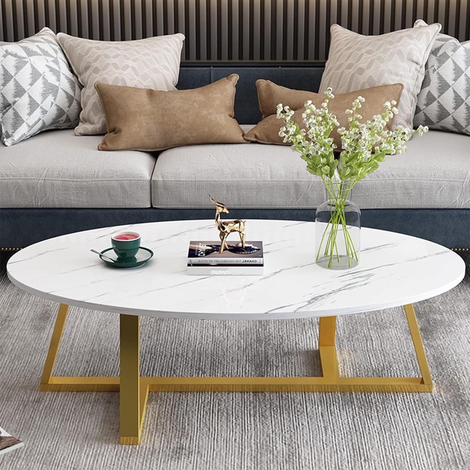 Wolawu Coffee Table Small Oval Table,White Faux Marble Table for Living Room, Modern Center Tea Tables for Small Space,Wooden Tables End Tables with Sturdy Black Metal Leg