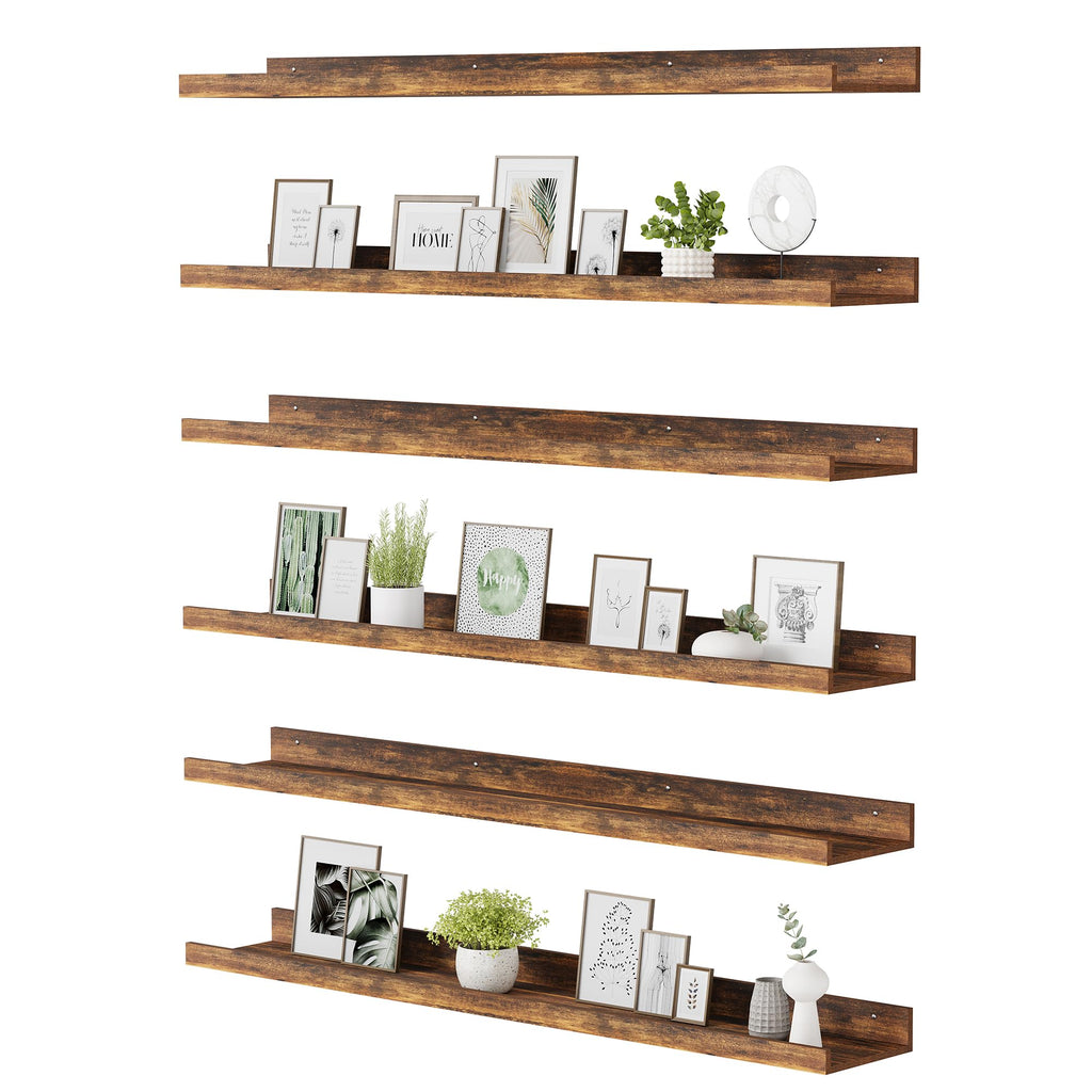 upsimples 6 Pack Wooden Floating Shelves, Wall Storage Decor Shelf for Bathroom, Bedroom, Living Room, Kitchen, Office and Laundry Room, Wall Mounted Display Hanging Shelf, Brown