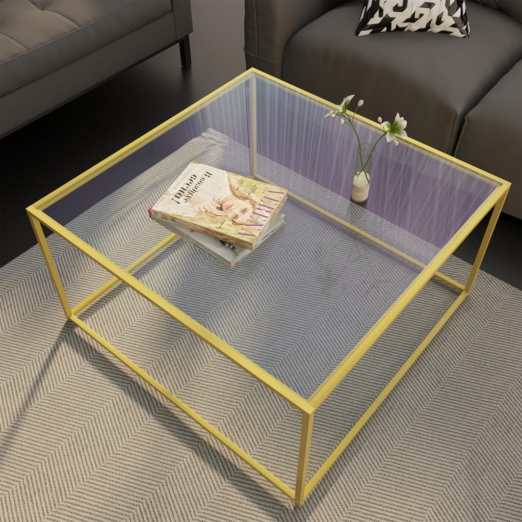 Glass Coffee Table Modern Center Table,Minimalist Coffee Table Sofa Side Tea Table for Living Room,Tempered Glass-top with Sturdy Metal Frame, Easy Assembly,26.4 x 26.4 x 15.7 Inches, Black