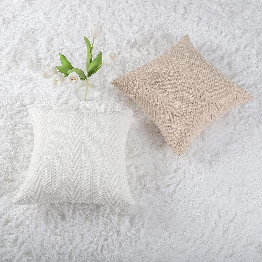 MANDIOO Cotton Knitted Decorative Throw Pillow Covers Soft Cozy Outdoor Cushion Cases Luxury Modern Pillowcases for Couch Sofa Bed 20x20 Inches Beige