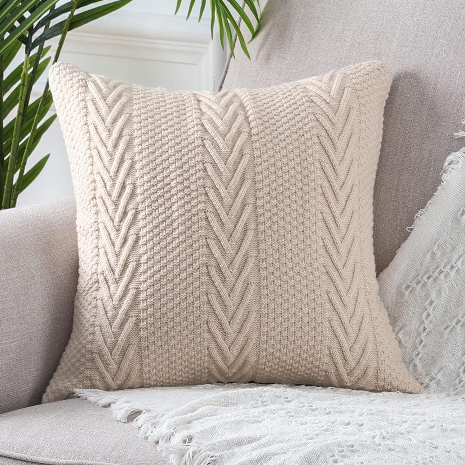 MANDIOO Cotton Knitted Decorative Throw Pillow Covers Soft Cozy Outdoor Cushion Cases Luxury Modern Pillowcases for Couch Sofa Bed 20x20 Inches Beige