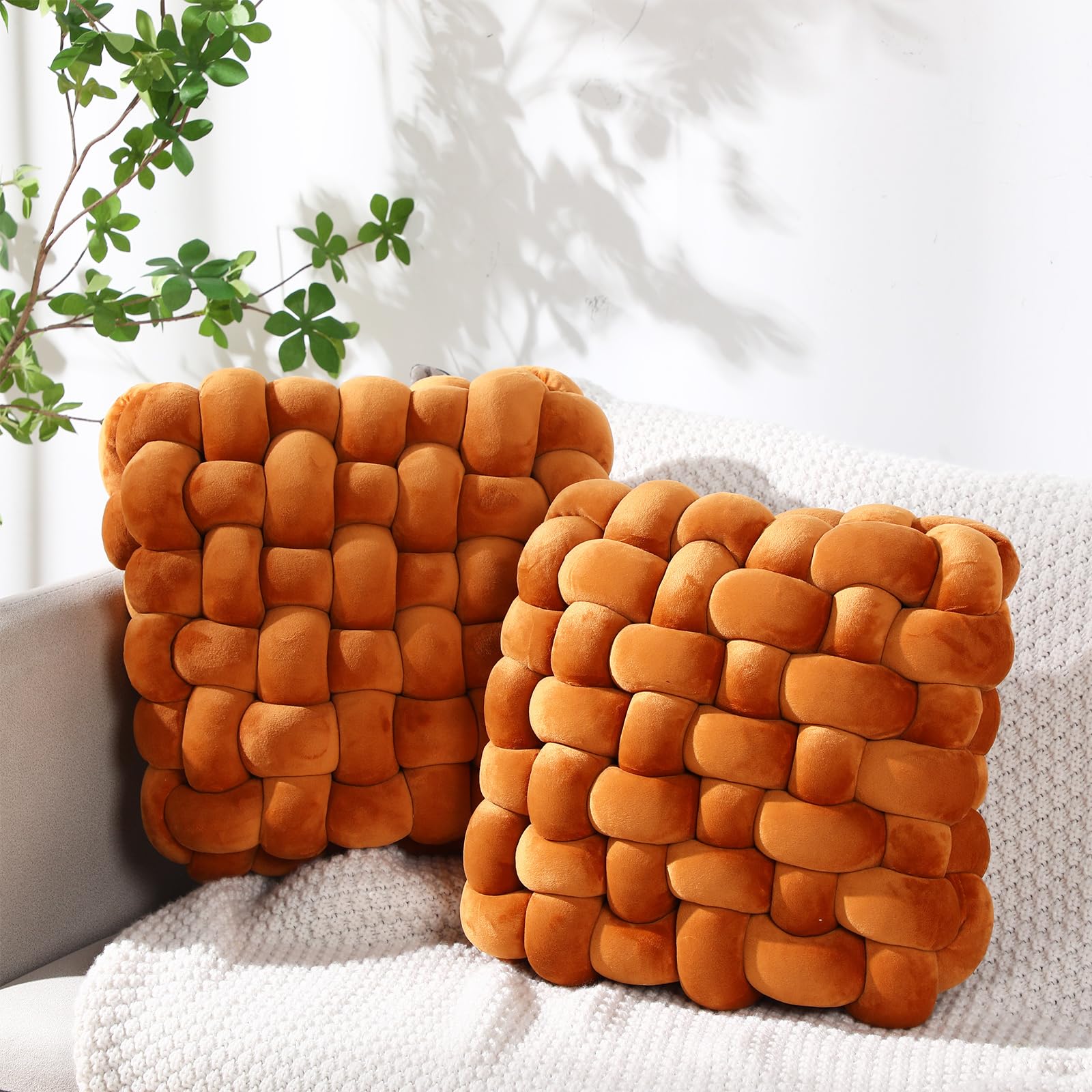 Wenqik 2 Pcs Knot Pillows Square Knotted Plush Throws Soft Accent Pillows Decoration Cushion for Couch Home Office Living Room Bedroom Bed Sofa Decor, 12'' x 13''(Ivory,Crystal Velvet)