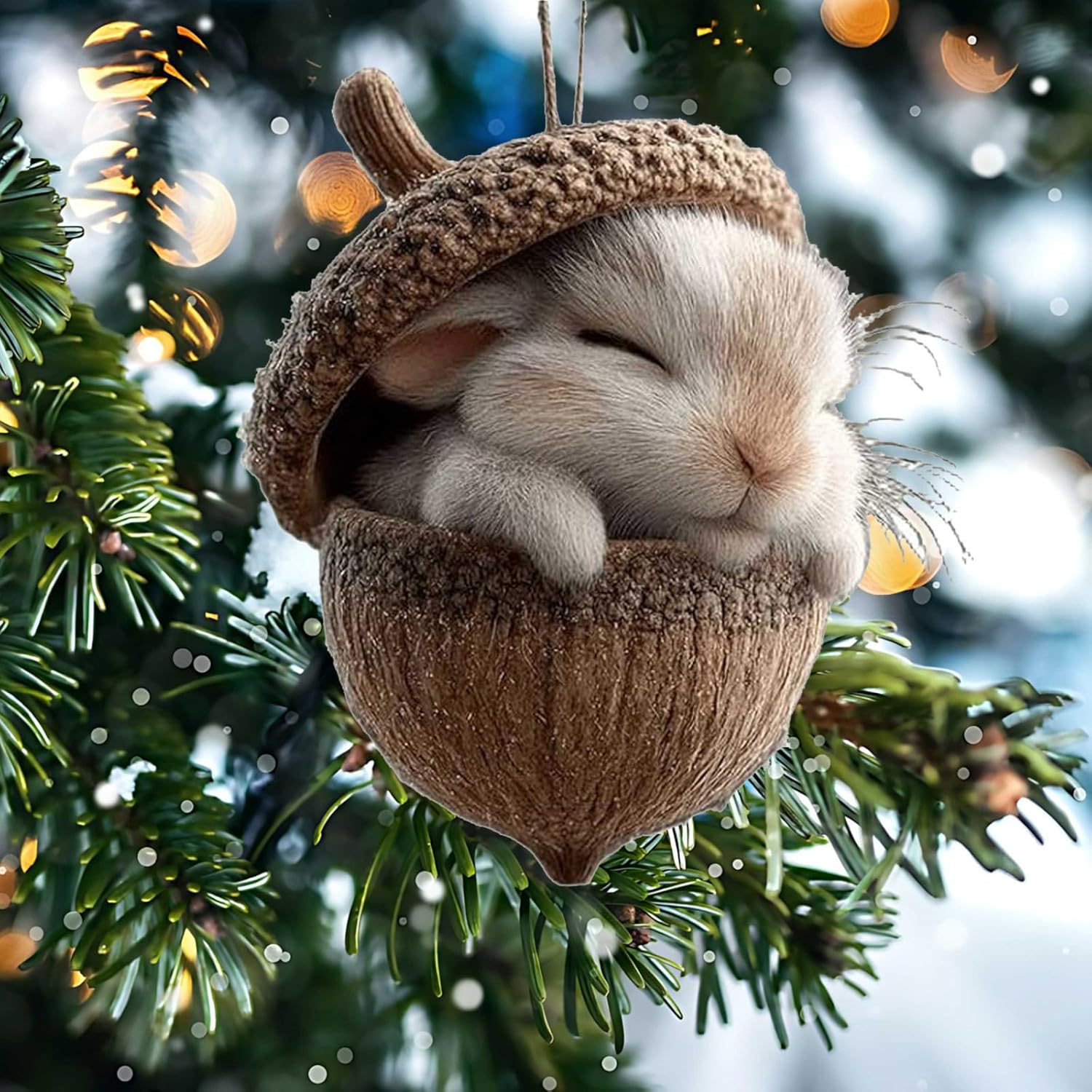 3D Forest Animal Acorn Ornaments, Woodland Christmas Decor with Realistic Animal Figures, Resin Hanging Ornaments for Christmas Tree, Home, Party Decor, Cozy Forest Theme Collection (Bunny)